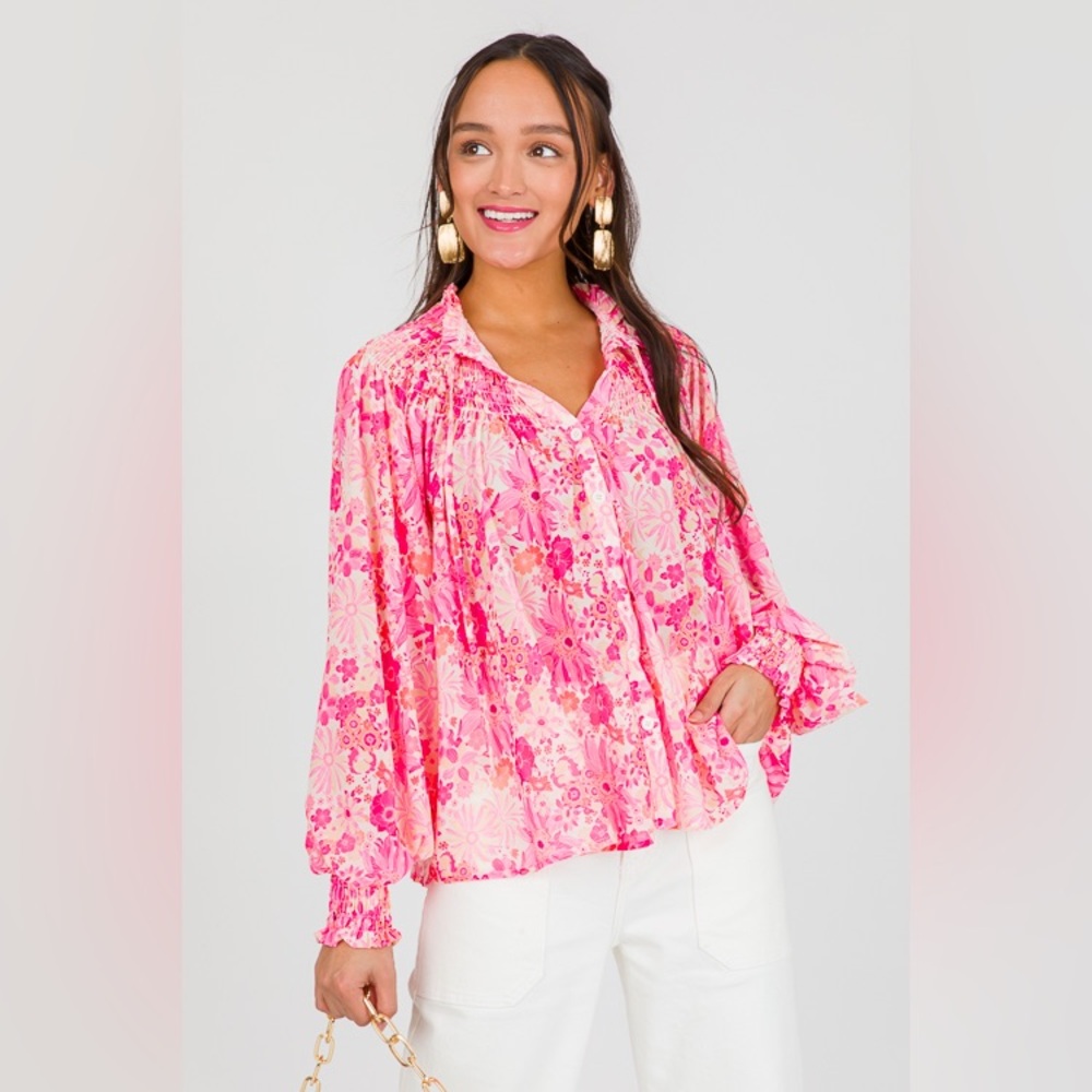 Flying Tomato Pink Floral Button-Front Peasant Blouse